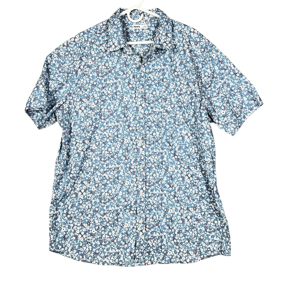 Mens Flowers Retro Button Down Shirt 3XLT Short Sleeve Blue Cotton Stretch Tall
